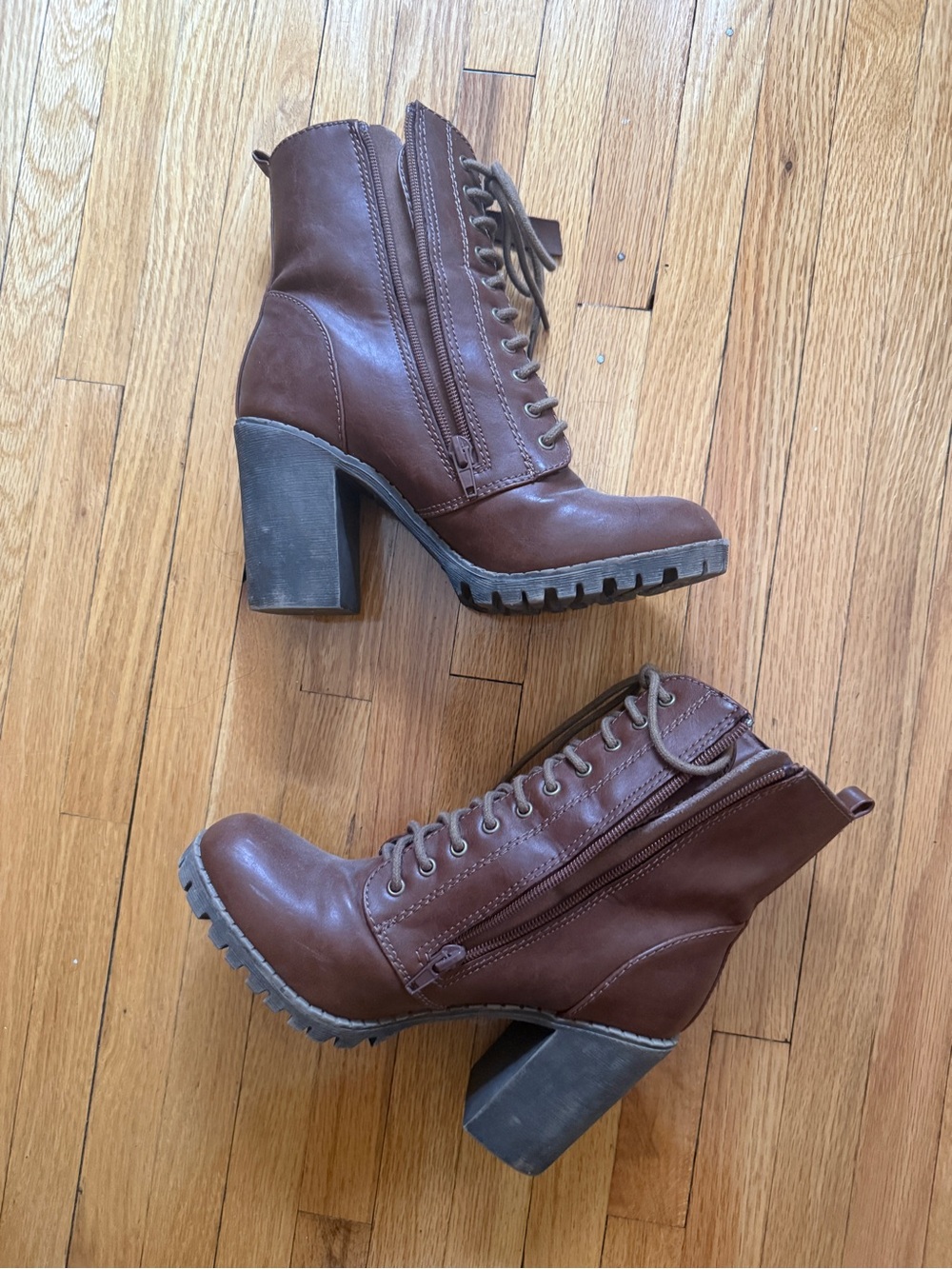 Brown Lace-Up Chunky Heel Ankle Boots - Women
